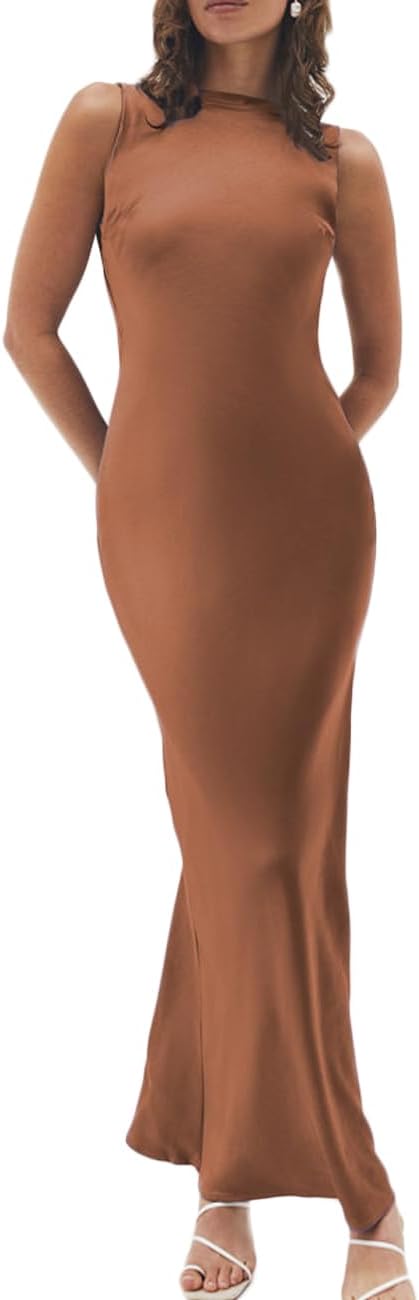 Summer Satin Backless Boat Neck Maxi Dress for Women 2026 Elegant Silk Sleeveless Wedding Guest Dresses