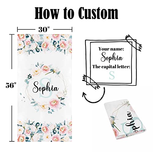 Artsadd Personalized Baby Girl Beach Towels With Name For Kids Adults- Custom Flower Cotton Bath Towel With Name - Monogrammed Microfiber Quick Dry Pool Towel For Travel Sports Swim Spa 56"X30" #TOP1