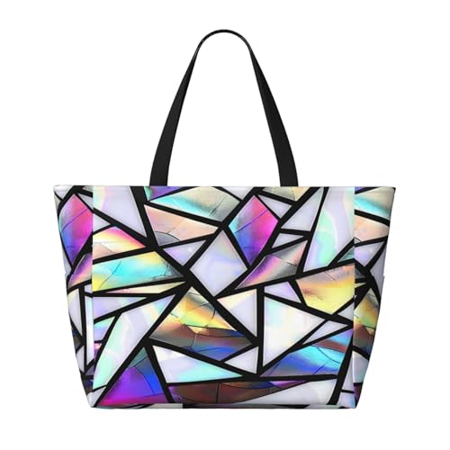 Bolso de playa grande impermeable y resistente a la arena con estampado geométrico iridiscente, tipo tote con cremallera, para mujeres miniatura 3