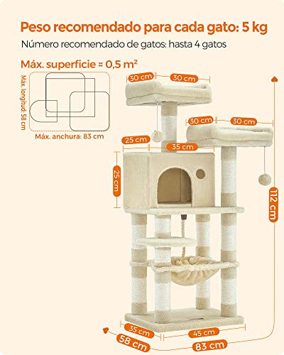 Feandrea Árbol para Gatos de Altura 112 cm, Torre para Gatos, con 11 Postes Rascadores, 2 Plataformas, 1 Cueva, 1 Hamaca, 2 Pompones, Tela de Felpa, Multinivel, Beige PCT215M01 - imagen 4