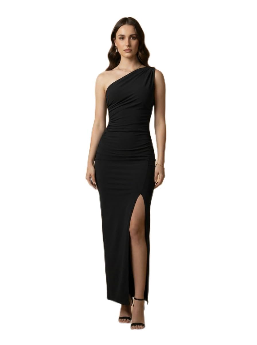 istyle can Women Black One Shoulder Ruched Bodycon Dress with Thigh Slit-picture-44