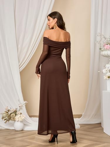 Colysmo Women Long Sleeve Mesh Off Shoulder Bodycon Maxi Dress Formal Wedding Guest Fall Dresses for Women 20252