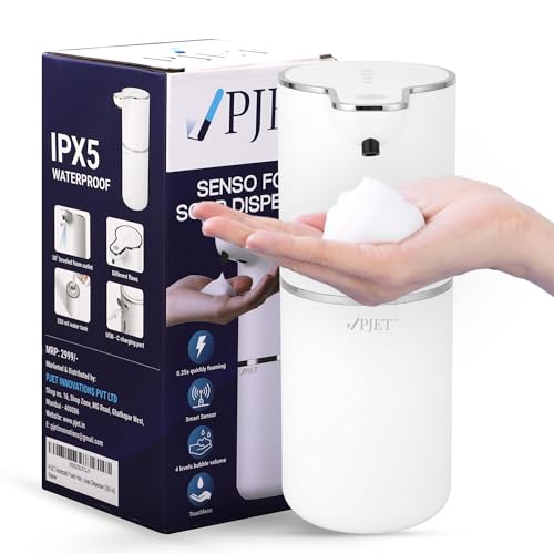 Image of PJET Automatic Hand Wash Dispensers | 350ml Plastic Sensor White Soap Dispenser for Wash Basin | USB Rechargeable for Bathroom, Kitchen & Office