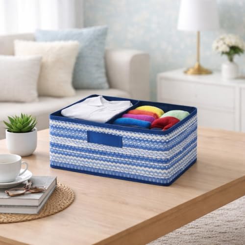 Image of DALUCI Foldable Wardrobe Organizer Storage Box (Pack of 6, Blue) | Premium Clothes Storage Basket for Wardrobe & Closet | Strong Non-Woven Foldable Boxes for Storage | Space Saving Cloth Organizer