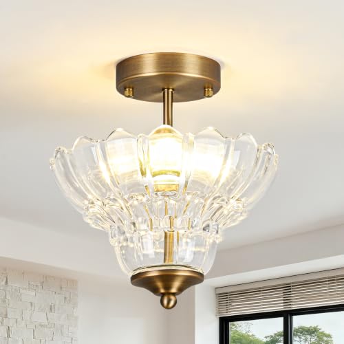 Rainzepher Antique Brass Finish Semi Flush Mount Light with Floral Class Shade, Vintage Close-to-Ceiling Fixture for Bedroom,Living Room, Kitchen, Hallway by Rainzepher - Used condition - US$40.91