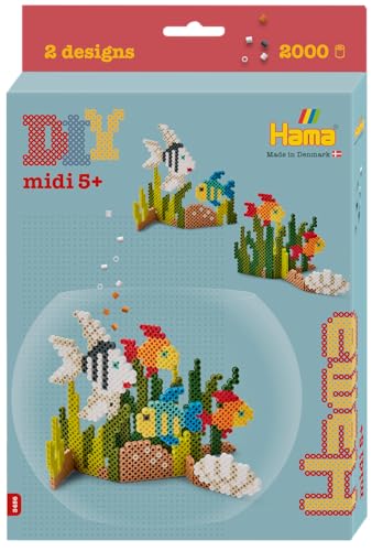 Hama – Coffret Perles à Repasser Aquarium – 2000 Perles midi 5 mm – Plaque carrée, modèles et Papier – Loisirs créatifs Enfants dès 5 Ans