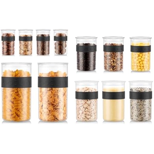 Bodum Presso Storage Container Jars for Food, Pasta, Cereal, Flour, Coffee, Snacks, and More, BPA-Free Plastic w/Airtight Silicone Seal, 12pc Set - Black