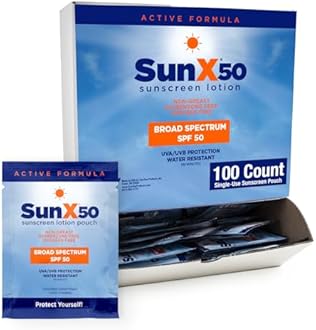 CoreTex Sun X 50 SPF Broad Spectrum Sunscreen Packets - Pack of 100 Paraben, Oxybenzone, Octinoxate, & Oil Free Sunscreen - No White Cast and Water Resistant Up to 80 Minutes