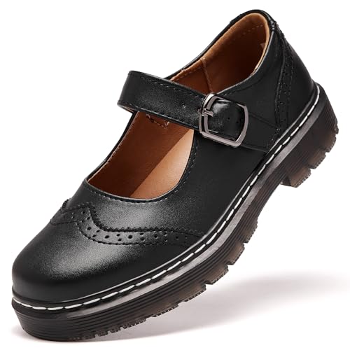 PGVVY Mary Jane Shoes for Women, Memory Foam Oxford Dress Shoe Vegan Leather Buckle Strap Cute Dressy Flats for Work Office School Business Casual Cosplay Teacher Brogue Black, Size 8