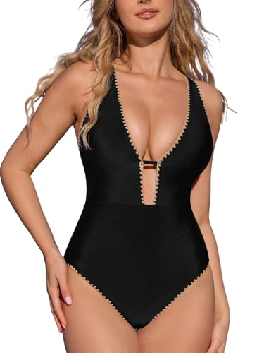CUPSHE Women's One Piece Swimsuit Bathing Suit Plunging Neck Cutout Back Crisscross O Ring Stitching