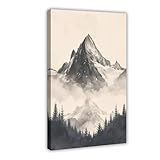 Lienzo nórdico en blanco y negro con niebla de bosque y montaña, póster para decoración de dormitorio, oficina, habitación, regalo, 24 x 36 pulgadas (60 x 90 cm)
