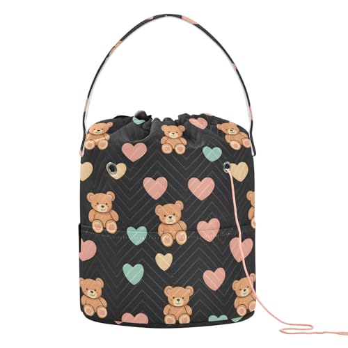 Yarn Storage Bag Small Crochet Bag Knitting Bag Organizer Bear Heart Black Yarn Bags for Crocheting Basket