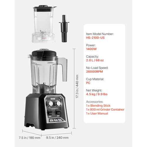 Image of VEVOR Blender for Smoothies, 68 oz 1400W, Professional Blender with Powerful Motor, Multi-Functional Food Processing Blenders with Grinder Container for Smoothie /Milkshake /Juice, Fits for Kitchen