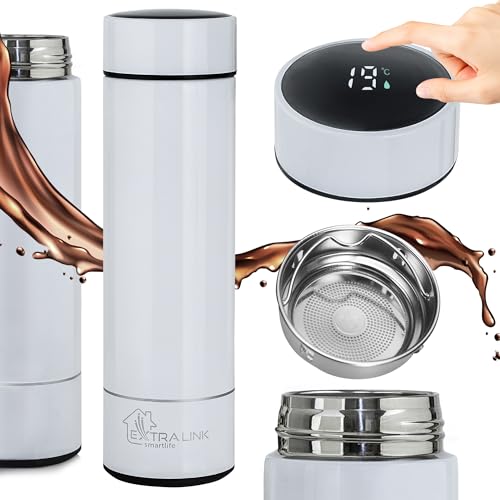 EXTRALINK Smart Travel Mug 500ml,Thermobecher,Kaffeebecher to go aus Edelstahl, hält 12h Warm/24h Kalt,Doppelwandig Isolierbecher,LED Temperaturanzeige, Eingebaute Batterie,für Kaffee & Tee,Weiß