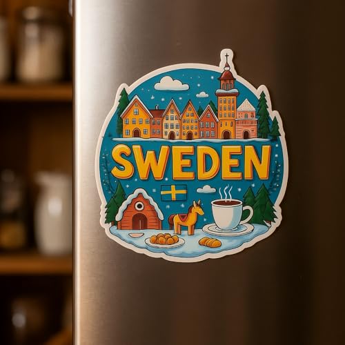 Image of Naxon Sweden Country Theme Souvenir Wooden Refrigerator Stylish Fridge Magnet - Fridge Decoration Magnet for Kitchen & Home Decor | Perfect Souvenir Gift | Size 3x3 Inches | Pack of 1