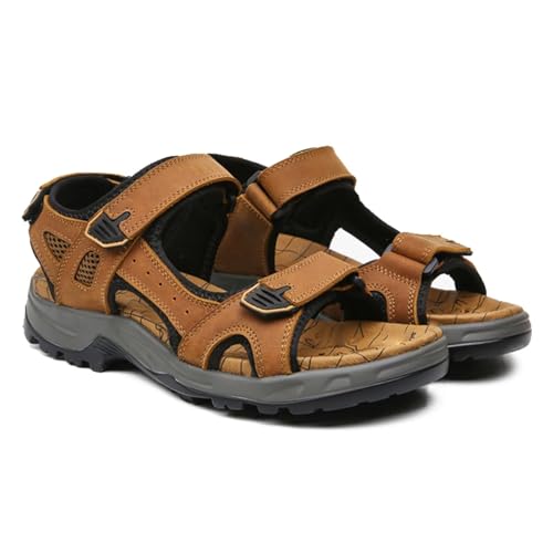 Men's Leather Sandals Waterproof Arch Support Adjustable Hiking Athletic Outdoor Sandals for Summer Beach Trail Walking