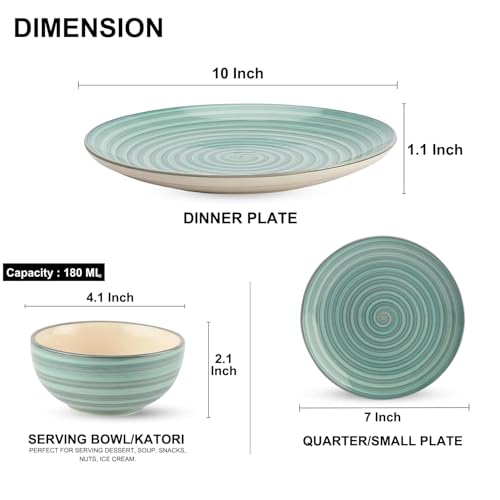 Image of Sea Swirls Design Handpainted Premium Ceramic Dinner Set 18 Pieces (6 Dinner Plates, 6 Bowls & 6 Quarter Plates) Dishwasher & Microwave Safe