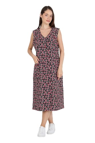 Phistan Damenkleid aus Webstoff – Schwarz-Rot mit Blumen