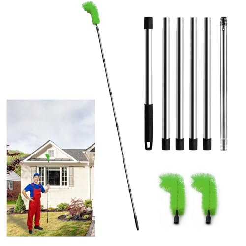 Gutter Cleaning Tools, 8.2 feet Long Gutter Cleaning Tools with 6 Stainless Steel Tubes and 2 Brushes, Gutter Cleaner Ability for Roof Leaves and Debris-Green