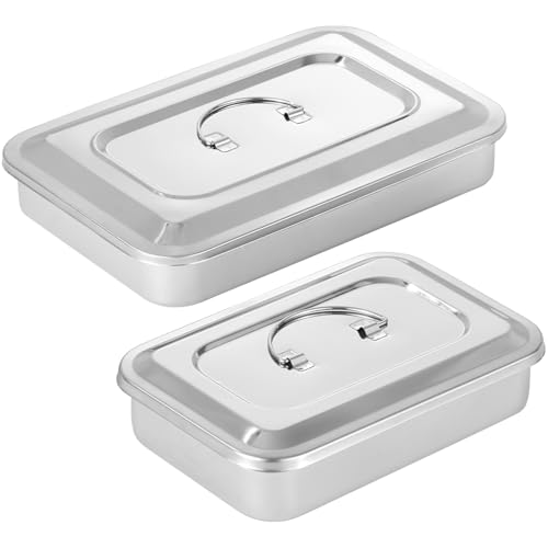 2 PCS Medical Surgical Trays, 201 Stainless Steel Instruments Tray Organizer Holder with Lid and Handle Grip for Medical Surgical Dental Lab Instruments (12 Inch+9.5 Inch)