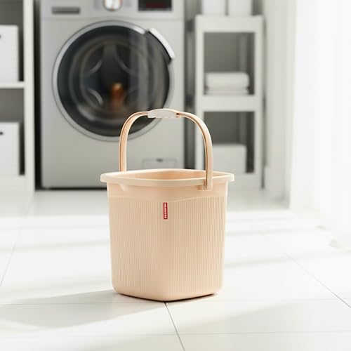 Image of MODWARE 5L Square Bathroom Bucket, Polypropylene, Brown, Space-Saving Design, Anti-Slip Handle, Pack of 2 (Cream)