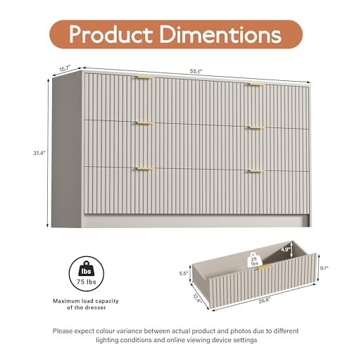 Image of Furniway 3 Piece Bedroom Set, 6 Drawer Dresser and Nightstand Set of 2 with Gold Handles, Modern Wood Chest of Drawers Storage Cabinet for Bedroom, Beige