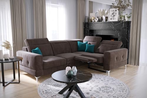 Sofá esquinero Malibu Relax con función de dormir – 185 × 250 cm – Tela Terra – Reposacabezas regulable en altura – Patas metálicas modernas (marrón, derecha)