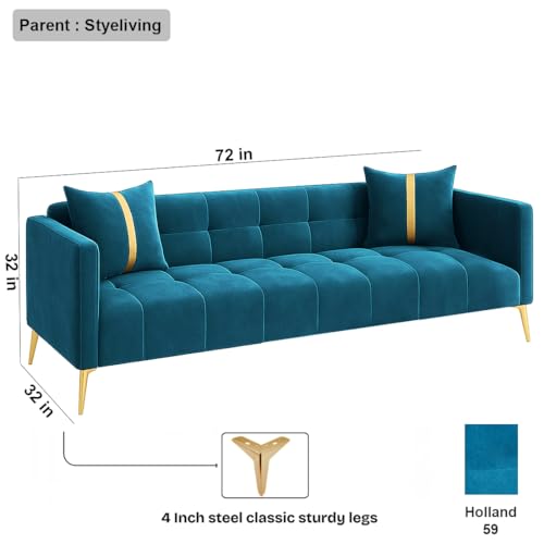 Image of FURNY Styliving 3 Seater Velvet Fabric Sofa Set (Aqua Blue) with Golden Finish Legs | Durable & Comfortable | Ideal for Living Room