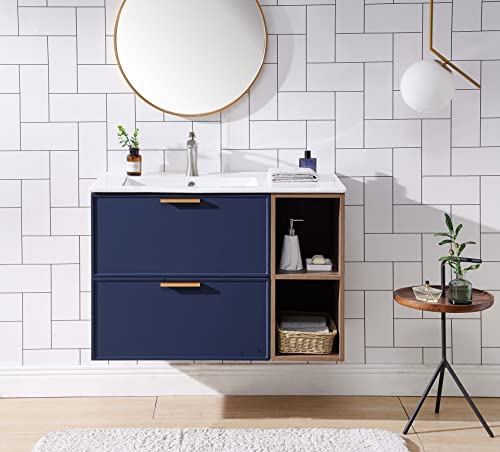 Mogiyin Home 36" Floating Bathroom Vanity With Sink Modern Design Blue&Brown,Bathroom Vanity With Sink Wall Mounted Bathroom Sink Cabinet,Bathroom Vanities Combo Set With White Vessel Sink #TOP30