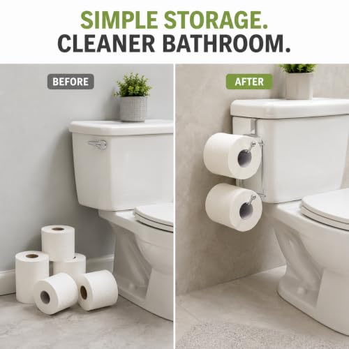Image of Basicwise Over-The-Side Tank Double Toilet Paper Holder Compact Modern Bathroom Organizer Practical Storage Rack for Extra Rolls Offering Quick & Easy Access for Everyday Use, Silver