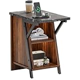 Bestier Narrow End Table, Modern Nightstand with Cup Holder & Adjustable Storage Shelf for Bedroom, Living Room and Hallway, Walnut