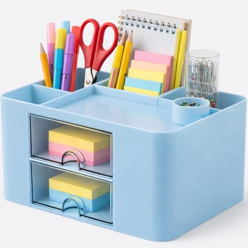Image of ROKTRY Premium Desk Organizer for Office & Study | Multi-Compartment Stationery Holder with Drawers | Pen Pencil Stand, Sticky Notes Storage | Ideal for Home, Office, Students & Kids (Blue)