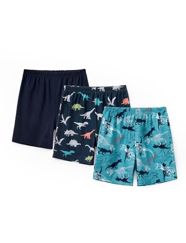 PATPAT Boys Pajama Shorts High Waisted Pjs Shorts Soft 3 Pack Set Summer Lounge Bottom for Child Navy Blue Dinosaurs 9 Years