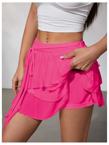 MakeMeChic Women's Y2K Sheer Mesh Mini Skirt Ruffle Hem Drop Waist Layered Tie Side Short Skirts4