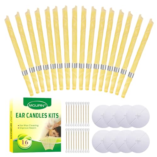 Ohrenkerzen Packung mit 16 Ohrkerzen, Ohrenkerzen Zur Reinigung Ohrenschmalz Hohlkegel mit Sicherheitsfilter, 8 Schutzscheiben und 20 WattestäBchen