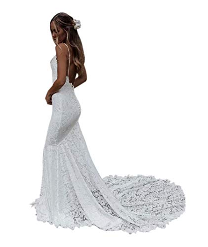 Mojing Women's Mermaid Lace Beach Wedding Dresses for Bride Long Backless Summer Boho Bridal Dress Wedding Gowns Ivory 4