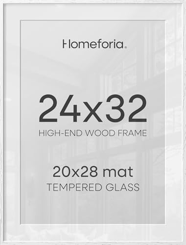 Image of Homeforia 24x32 Picture Frame, White Wood, High End Oak, Matted to 20x28, Tempered Glass, Wall Hook Included, Set of 1