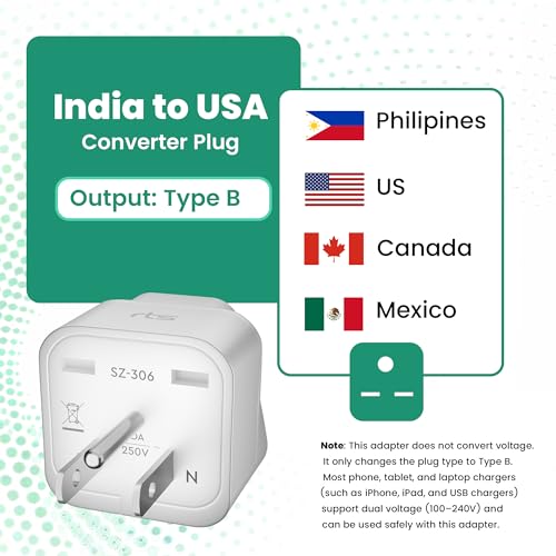 Image of rts India US Converter Plug, India to USA, Canada & More - Type B Universal Travel Adapter Plug Compatible India to USA, Canada, Mexico, Japan, Thailand, Brazil, Philippines, Cuba, Taiwan (White)