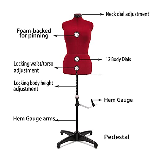 BHD BEAUTY Red 13 Dials Female Fabric Adjustable Mannequin Dress Form for Sewing, Mannequin Body Torso with Tri-Pod Stand, Up to 70" Shoulder Height (Medium)