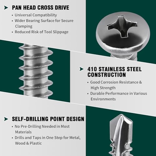 #6 x 1/2" Pan Head Self Drilling Screws, Phillips Drive, 410 Stainless Steel Sheet Metal Screws,Self Tapping, Dovetail, Pack of 100