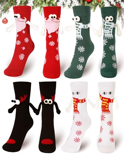 Vermeyen Funny Christmas Socks 4 Pairs Christmas Magnetic Holding Hands Socks Novelty Funny Women Men Couple Gifts for Boyfriend Girlfriend