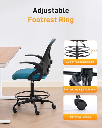 Image of LukkDys Drafting Chair with 4D Multi-Adjustable Backrest, Tall Office Chair 19.7 inch-27.6 inch Seat Height, Ergonomic Standing Desk Chair with Flip-up Arms, Foot Ring, Blue&Black
