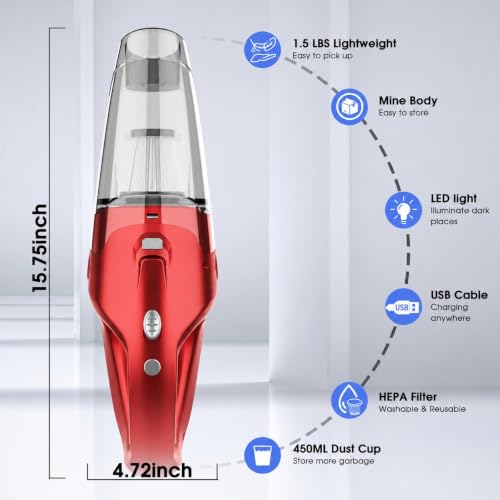 Image of YOOHI Handheld Vacuum Cordless Rechargeable - 6000Pa Mini Hand Held Vacuum, LED Light, 20-25 Mins Runtime, USB Charging, 500ML Cup - Lightweight Small Vacuum Cleaner Cordless for Car /Office /Home