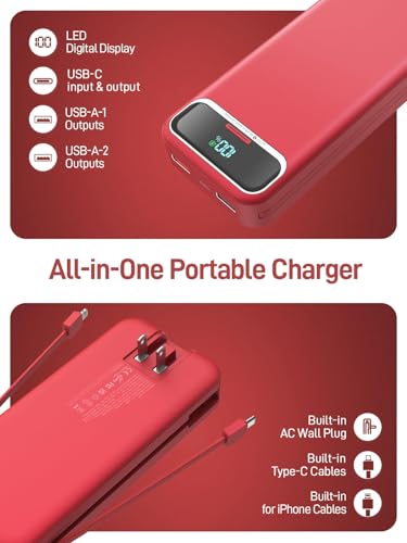 Image of Nusyddy Portable Charger 20000mAh 22.5W w /Built-in Cables & Wall Plug Red | 22.5W Fast Charging, High Capacity, LED Display, Charge 5 Devices at once, TSA Approved, Compatible with iPhone /iPad /Samsung