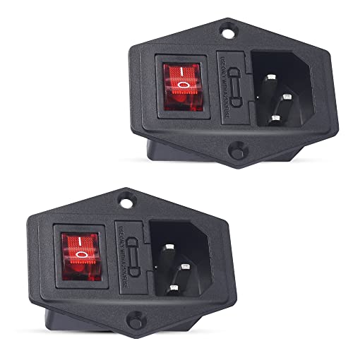 PNGKNYOCN IEC320 Enchufe del módulo de Entrada 250V 10A Fusible Adaptador de Enchufe de Montaje en Panel de 3 Pines con Interruptor de botón Rojo Toma de Corriente (2 Pack)