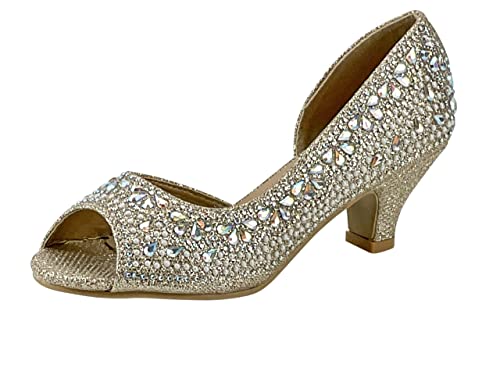 Image of Girls Fashion Kitten Heels - Glittering Rhinestone Dress Shoes for Kids - Peep Toe Low Pump Sandals for Fancy Events - Great for Weddings, Pageants, Church, and More