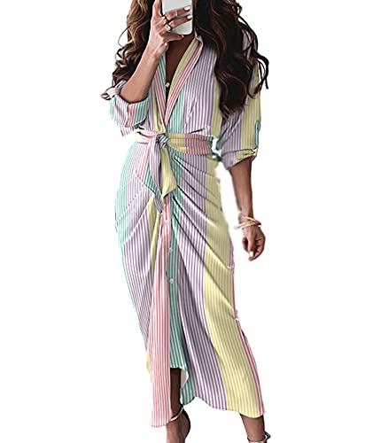 Image of FYEARFOX Women's Button Down Shirt Dress Ruched Split Maxi Dresses Long Sleeve Wrap V Neck Tie Waist Party Clubwear
