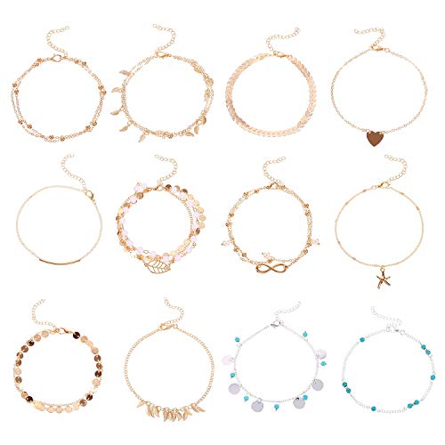 Hestya Ankle Chain Bracelet Adjustable Barefoot Beach Anklet Boho Foot Jewelry Set for Women Girls (12 Pieces, Style A)