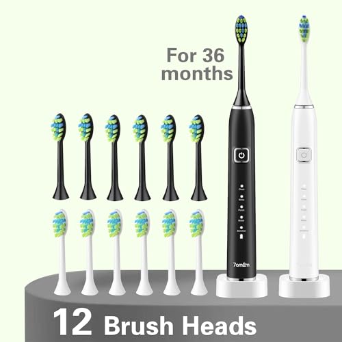 7AM2M Sonic Electric Toothbrush with 6 Brush Heads for Adults and Kids, One Charge for 90 Days, Wireless Fast Charge, 5 Modes with 2 Minutes Built in Smart Timer, Electric Toothbrushes (Black&White)