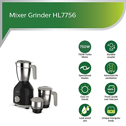 Image of Philips HL7756 /01 750 Watt Mixer Grinder, 3 Stainless Steel Multipurpose Jars with 3 Speed Control and Pulse function (Black) & PHILIPS Citrus Press Juicer HR2788 /00, Black & Transparent, Medium
